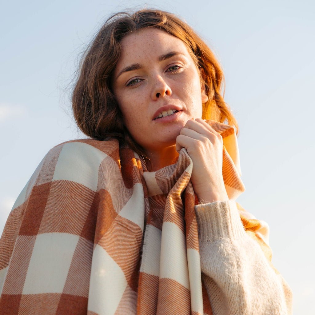 Oversized Merino Orange Check Scarf