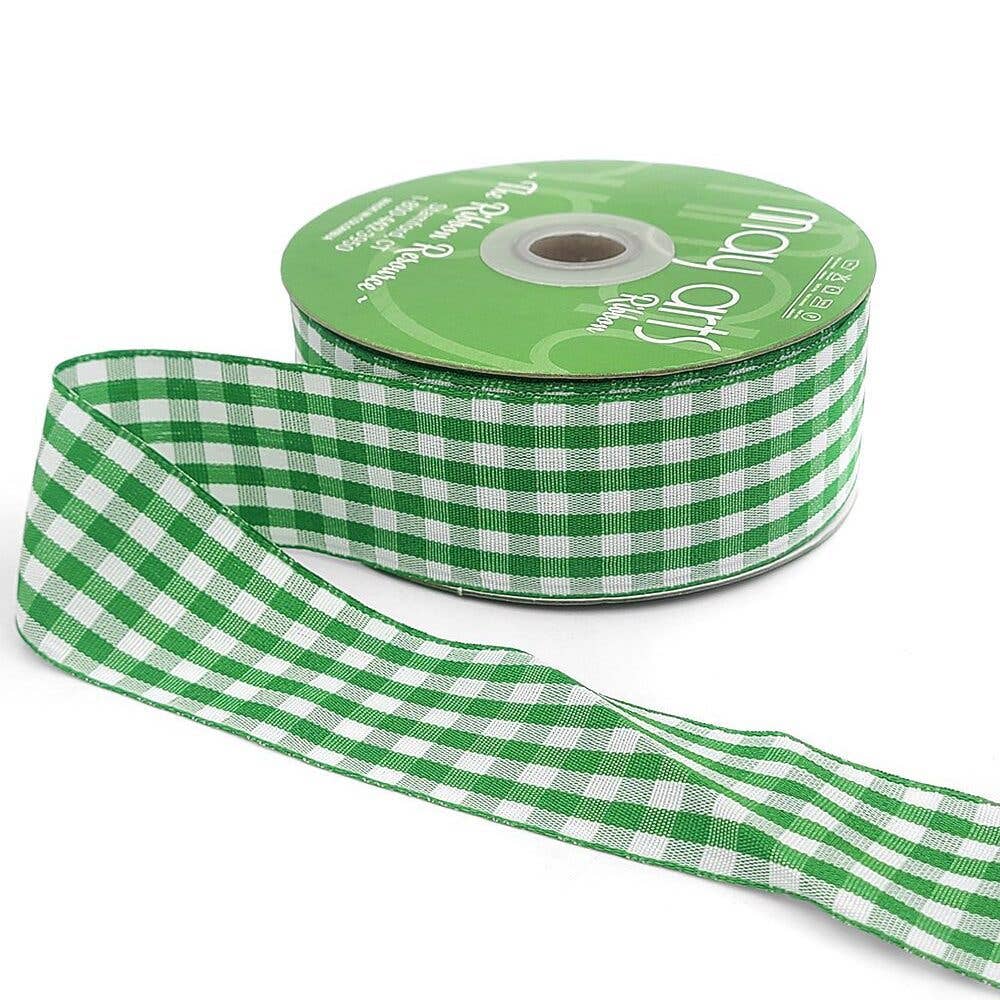 1.5" Green & White Checkered Gingham Ribbon