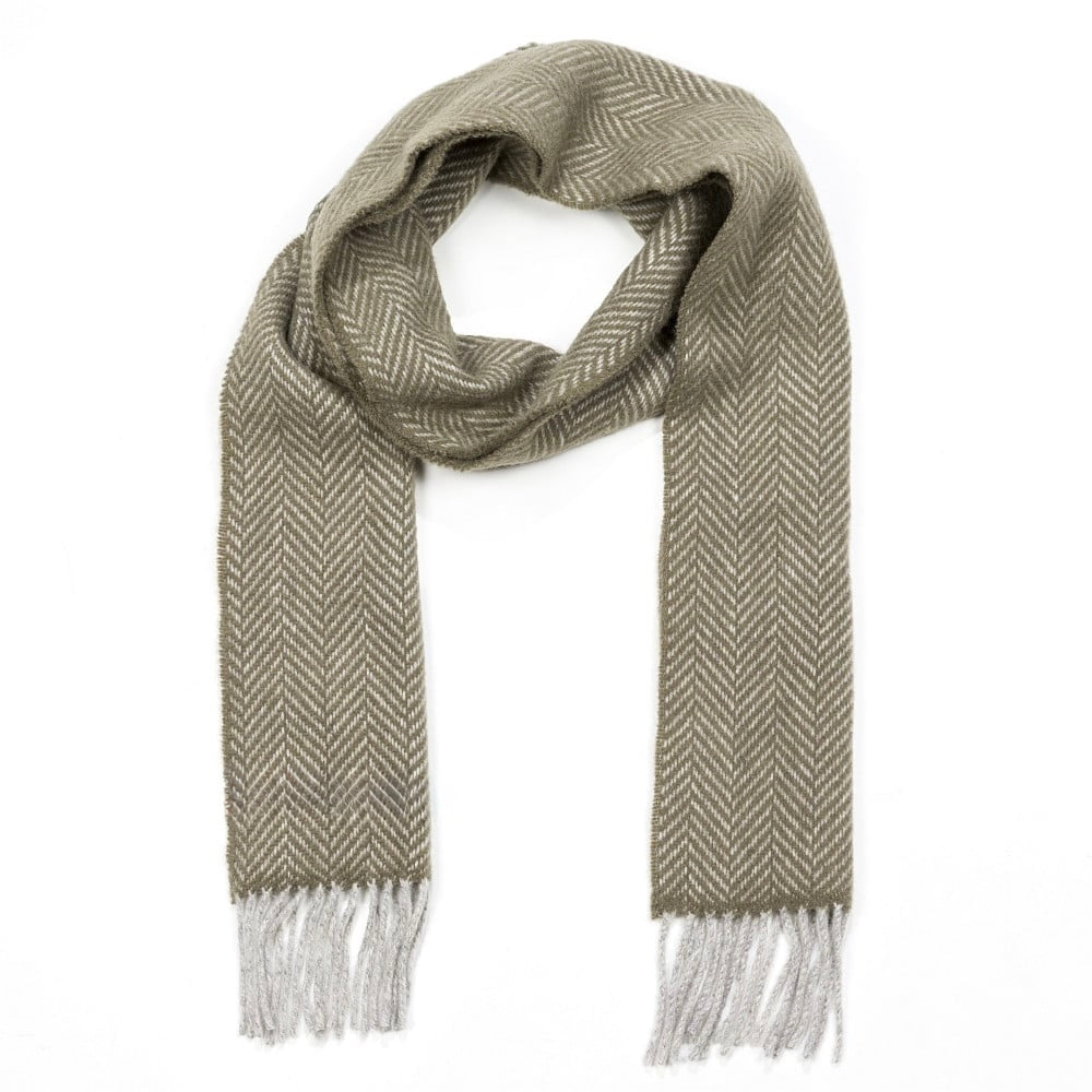 Olive Gray Herringbone Cashmere Scarf