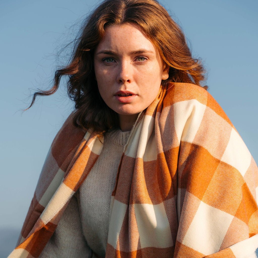Oversized Merino Orange Check Scarf
