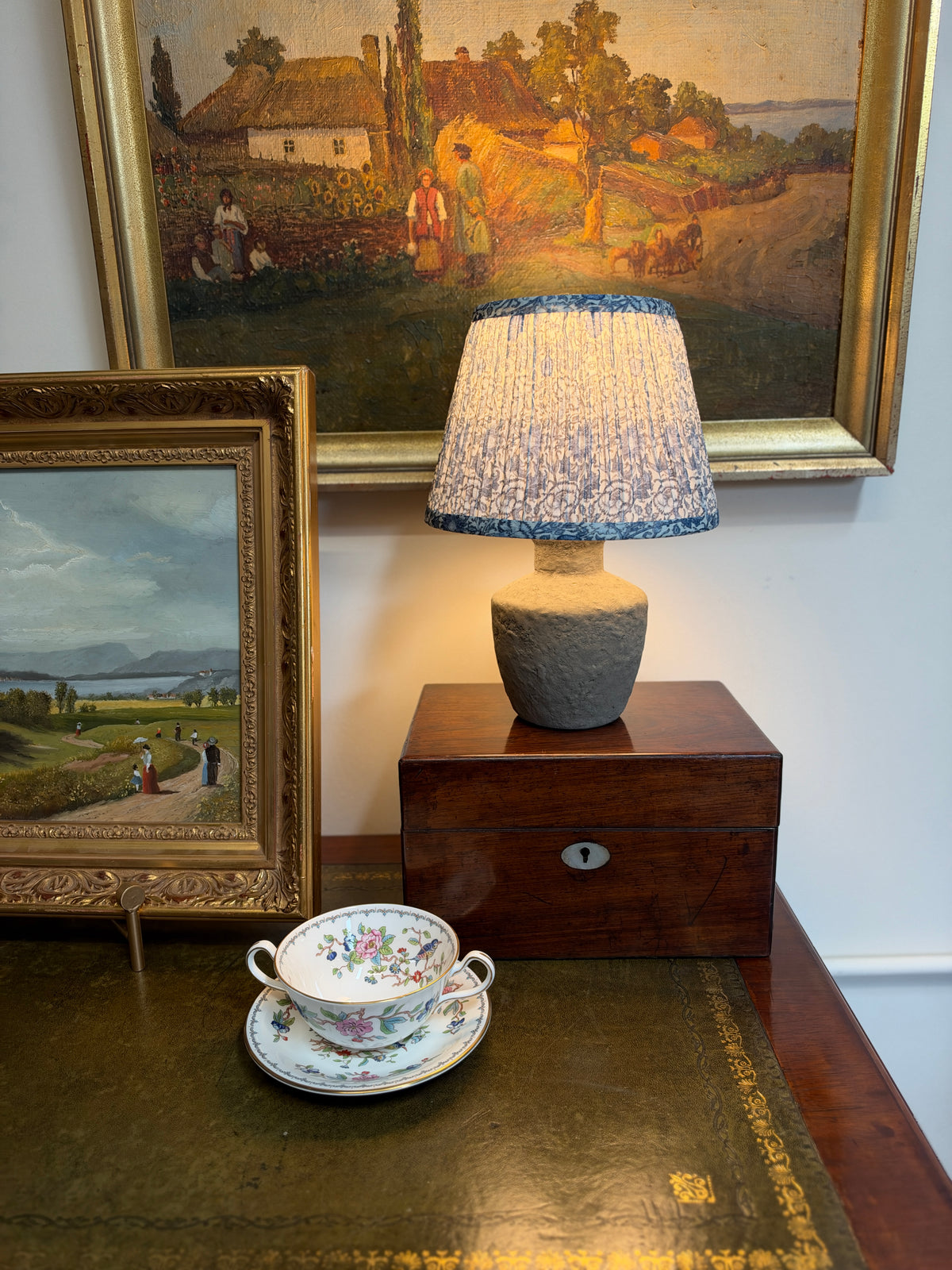 Table Lamp with Blue Fabric Print Gathered Shade