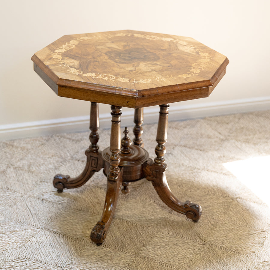 19th C Walnut Octagonal Occasional Table with Leafing Inlay