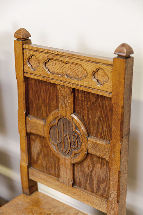 Oak Church Hall Chairs "In His Name" Latin Carved Monogram (pair)