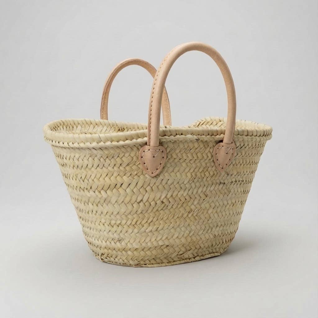 Mini French Market Basket - Woven Straw Leather Tote Bag