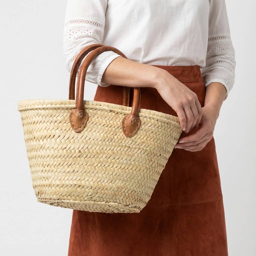 Mini French Market Basket - Woven Straw Leather Tote Bag