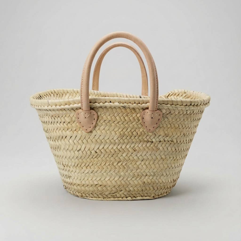 Mini French Market Basket - Woven Straw Leather Tote Bag