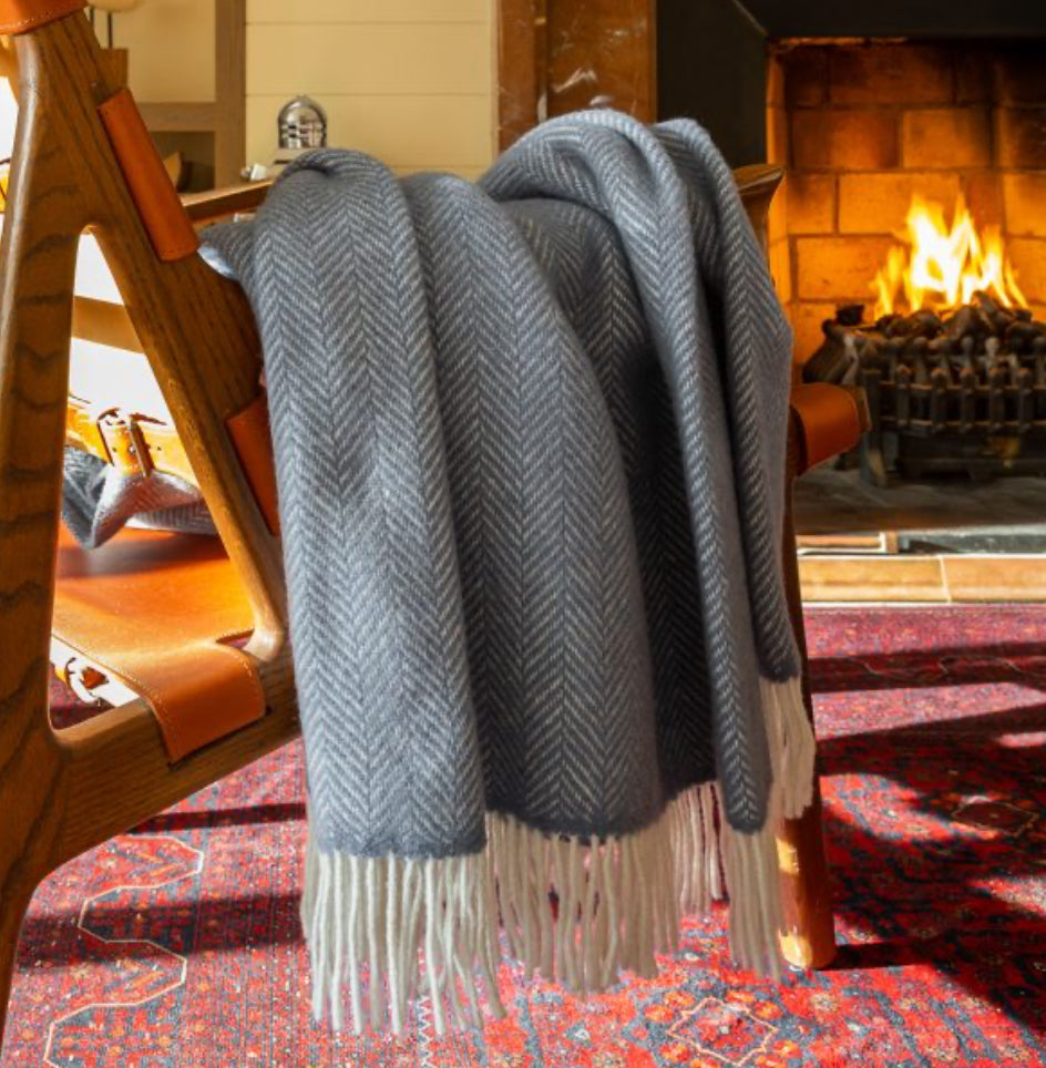 Grey Herringbone Cashmere Throw