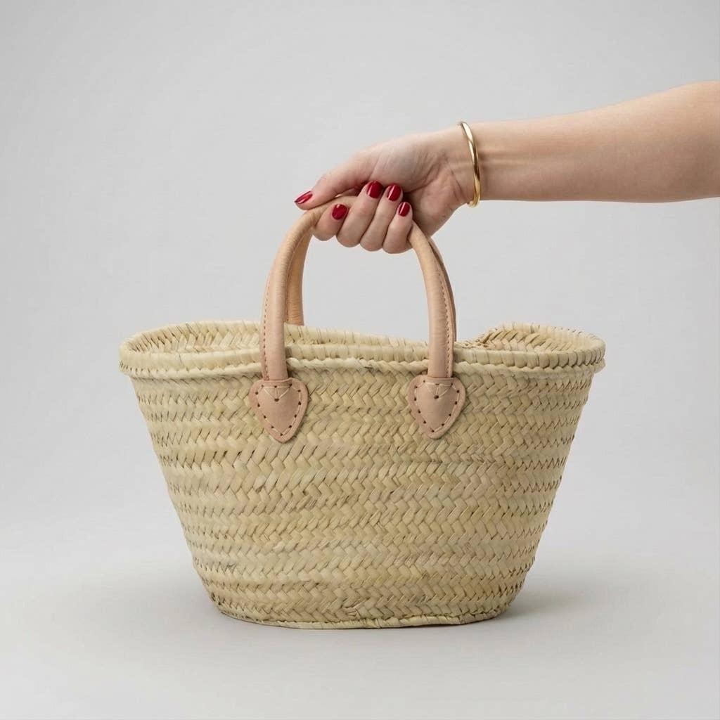 Mini French Market Basket - Woven Straw Leather Tote Bag