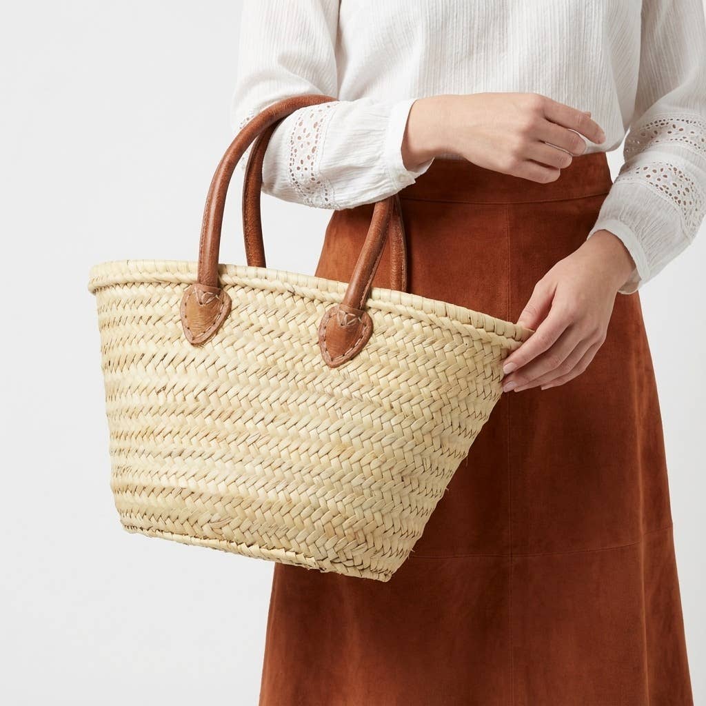 Mini French Market Basket - Woven Straw Leather Tote Bag
