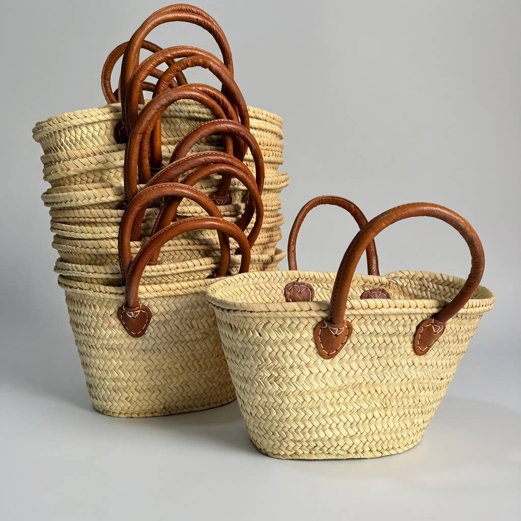 Mini French Market Basket - Woven Straw Leather Tote Bag