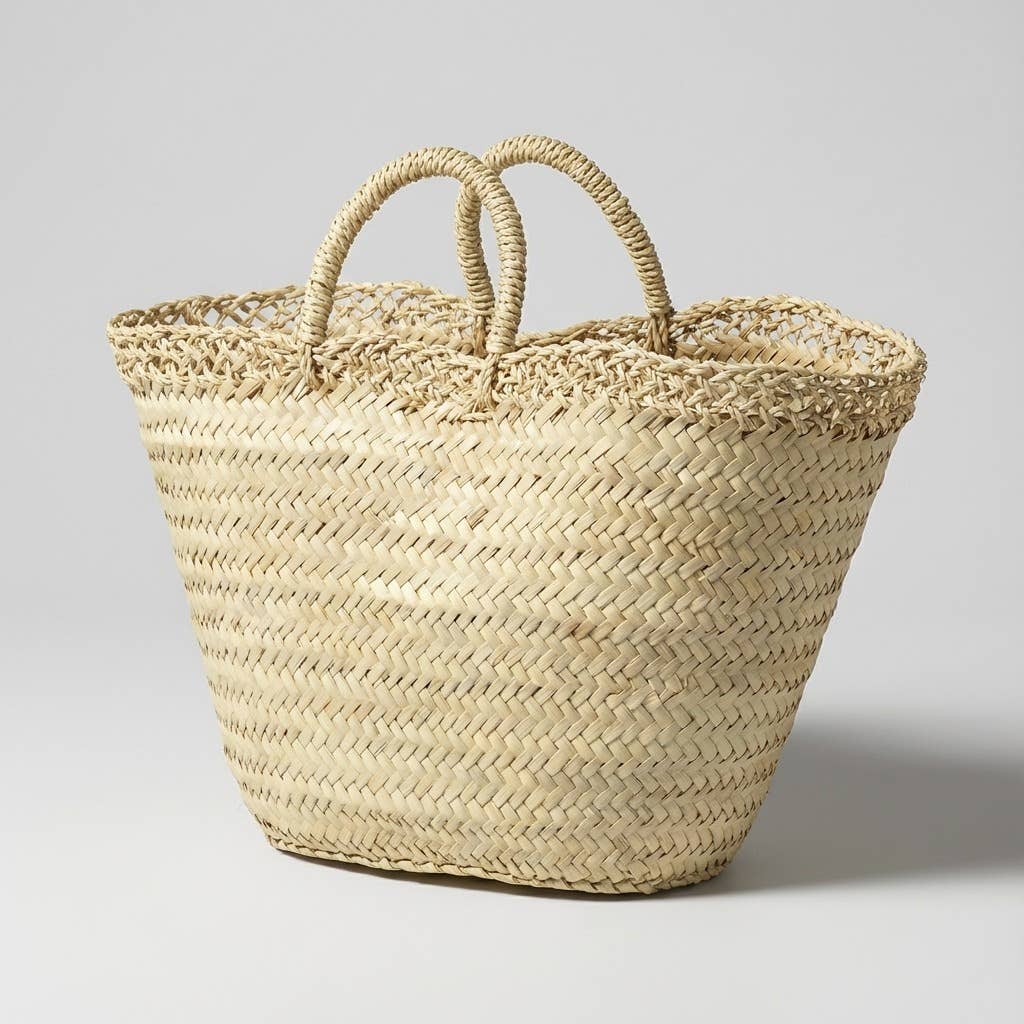 Large Woven Straw Market Tote Bag - Natural Beach Style