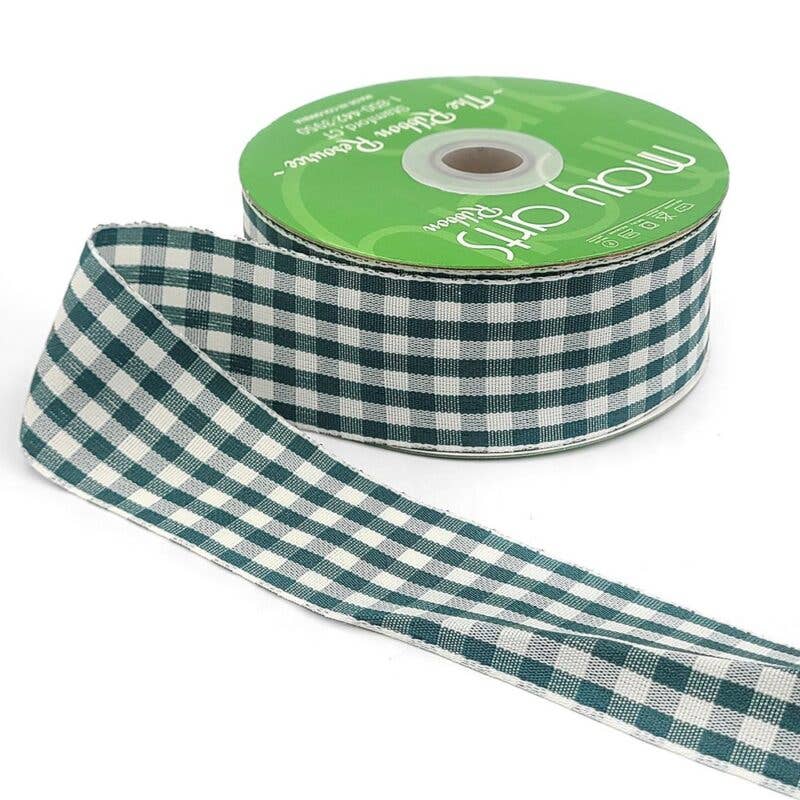 1.5" Dark Green & Ivory Checkered Gingham Ribbon