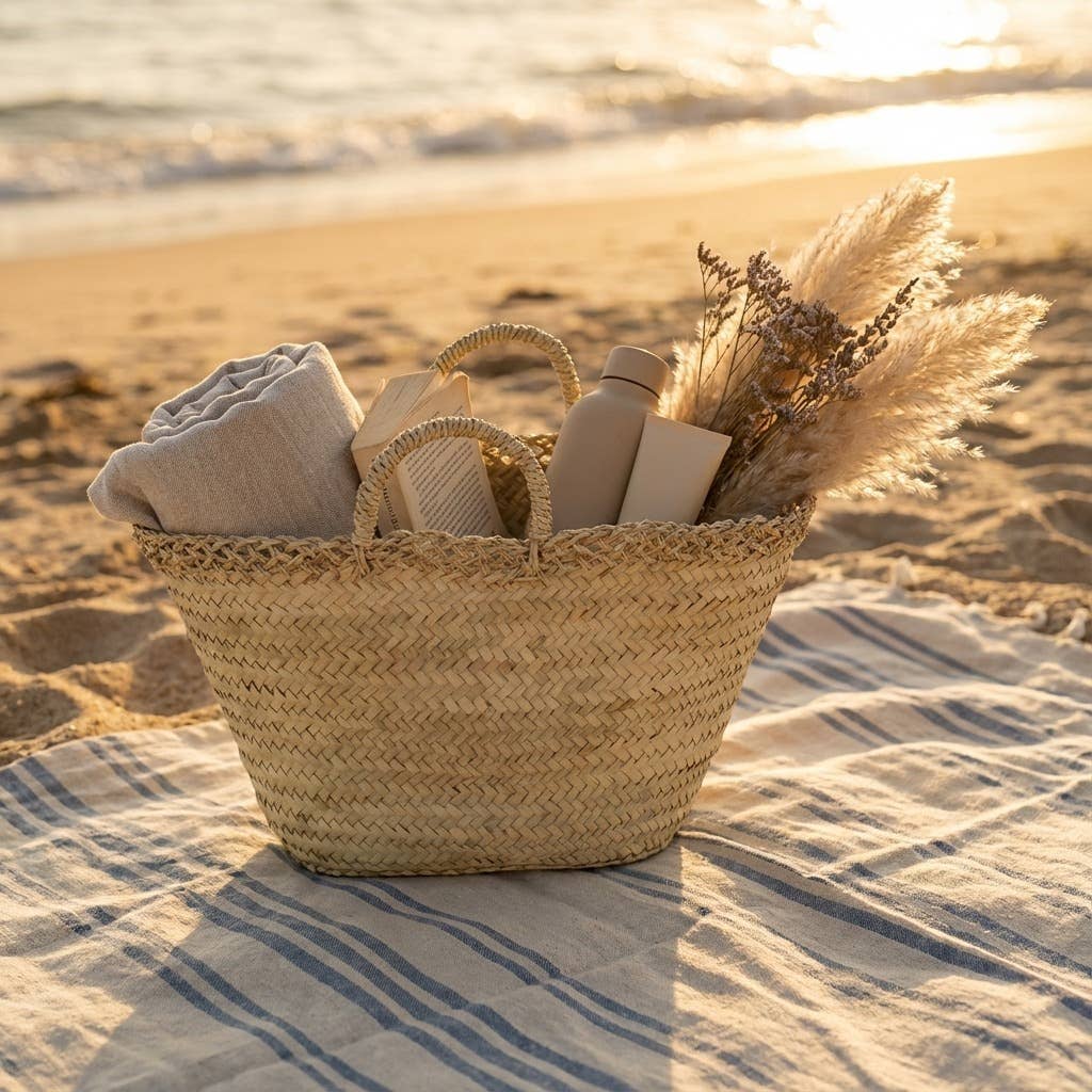 Large Woven Straw Market Tote Bag - Natural Beach Style
