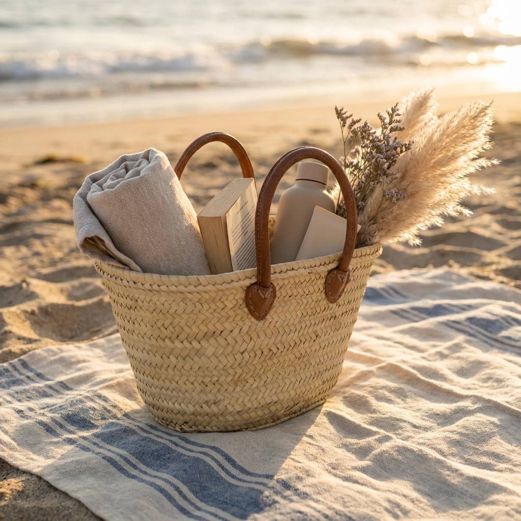 Mini French Market Basket - Woven Straw Leather Tote Bag