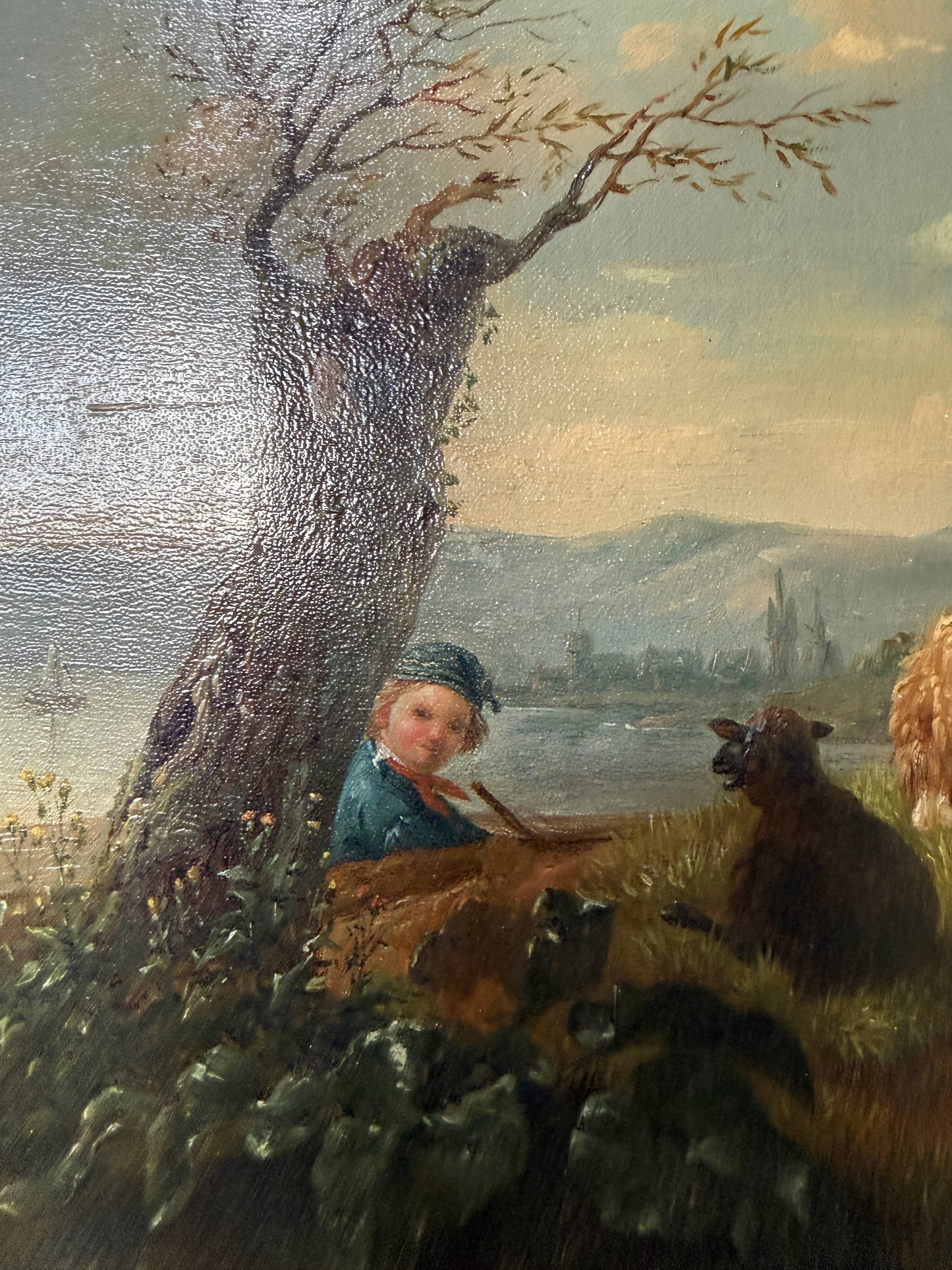 Sheep & Boy by the Sea Oil Painting