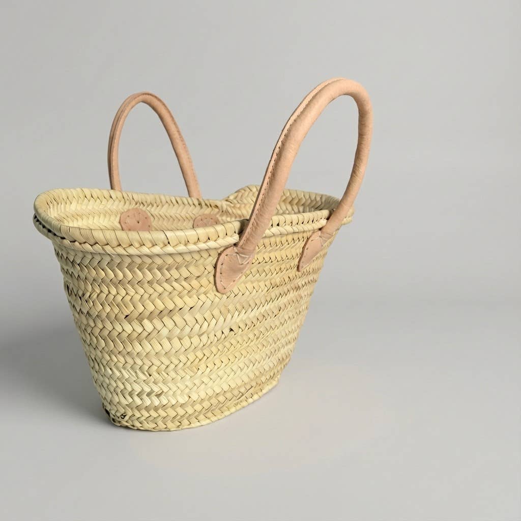 Mini French Market Basket - Woven Straw Leather Tote Bag