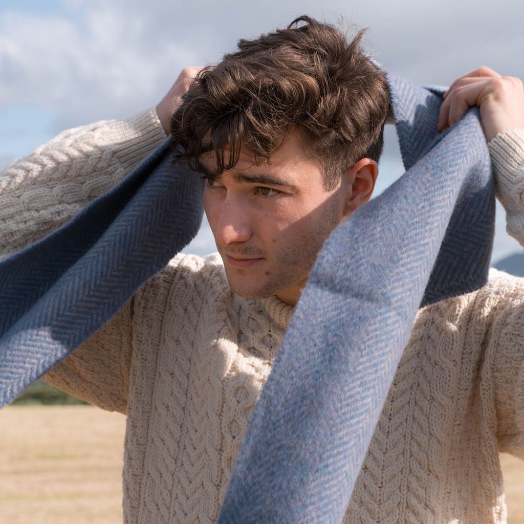 Blue Herringbone Cashmere Scarf