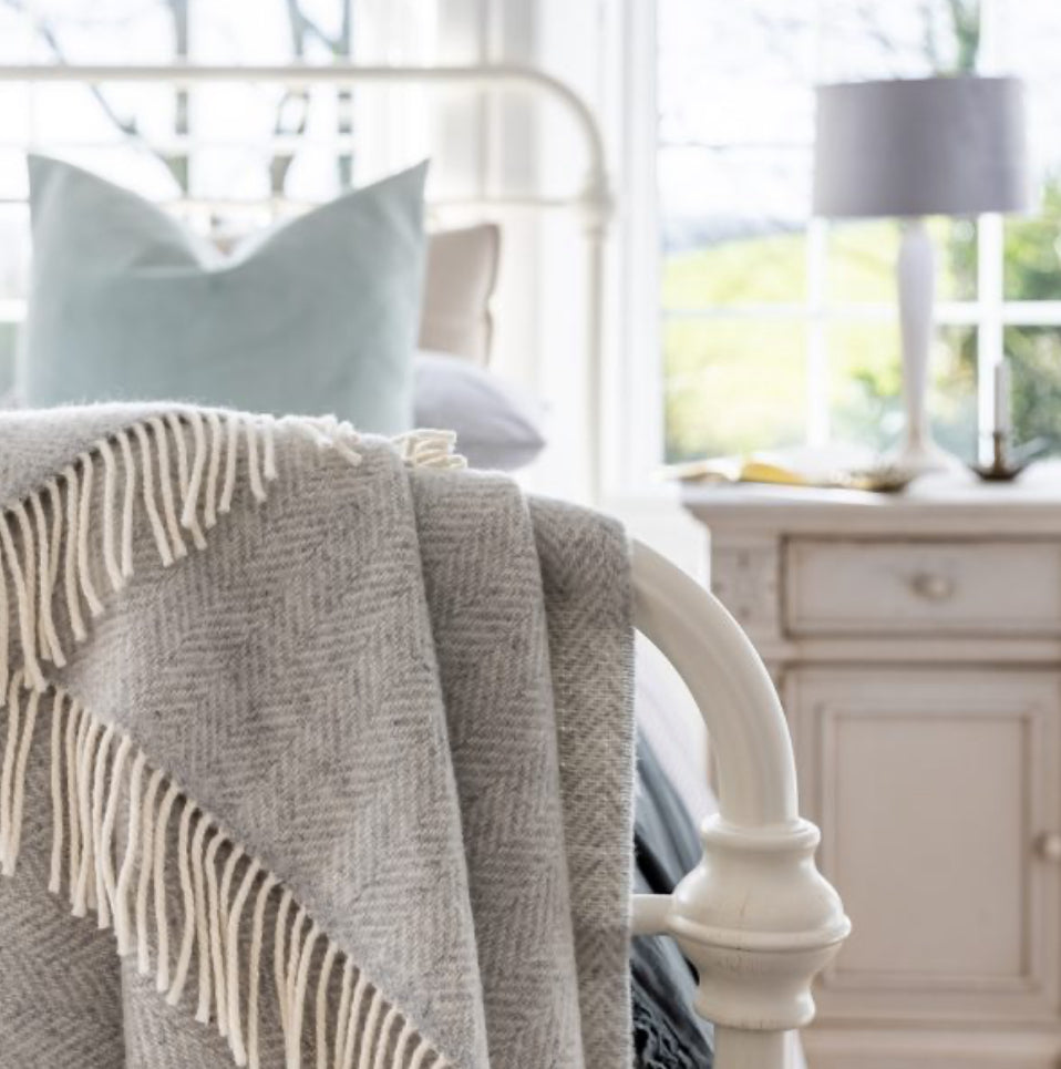 Pale Grey Herringbone Cashmere Throw
