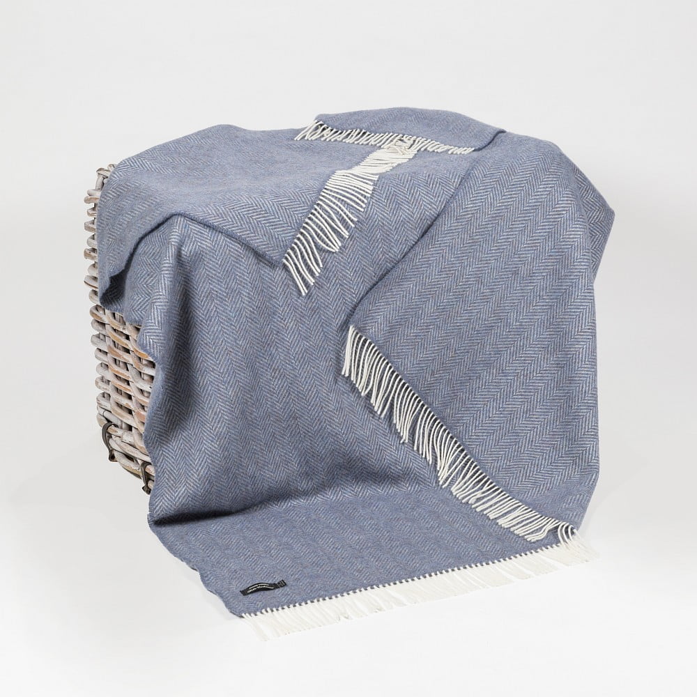 Denim Blue Herringbone Cashmere Throw