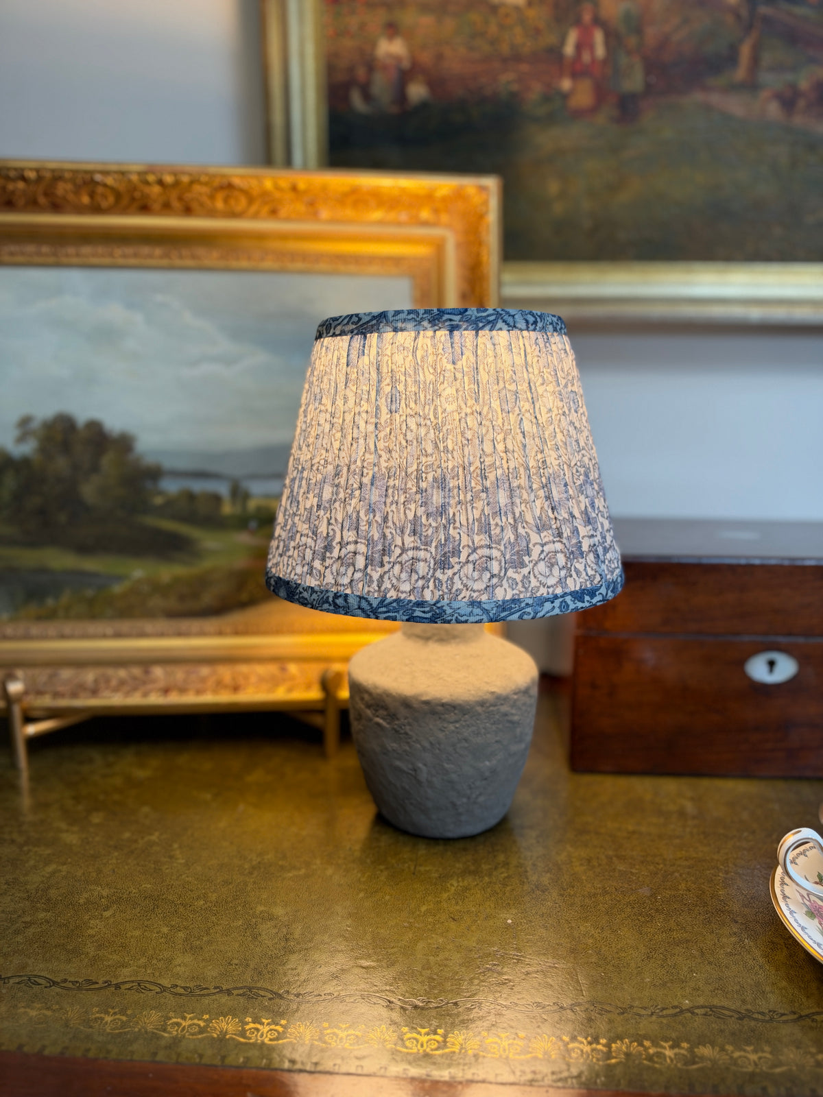 Table Lamp with Blue Fabric Print Gathered Shade
