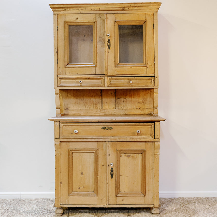 French Style Pine Kitchen Cupboard with Glass Doors