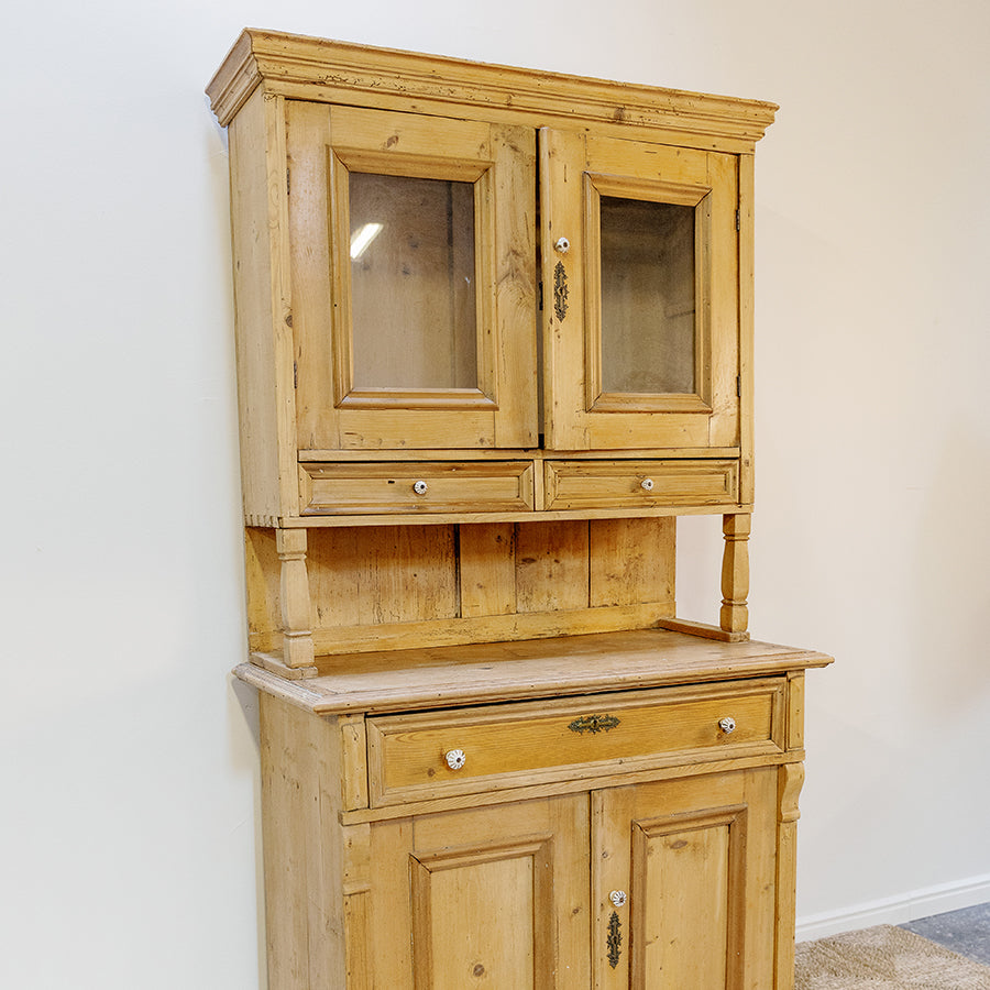 French Style Pine Kitchen Cupboard with Glass Doors