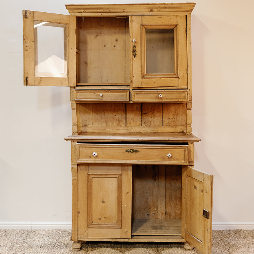 French Style Pine Kitchen Cupboard with Glass Doors