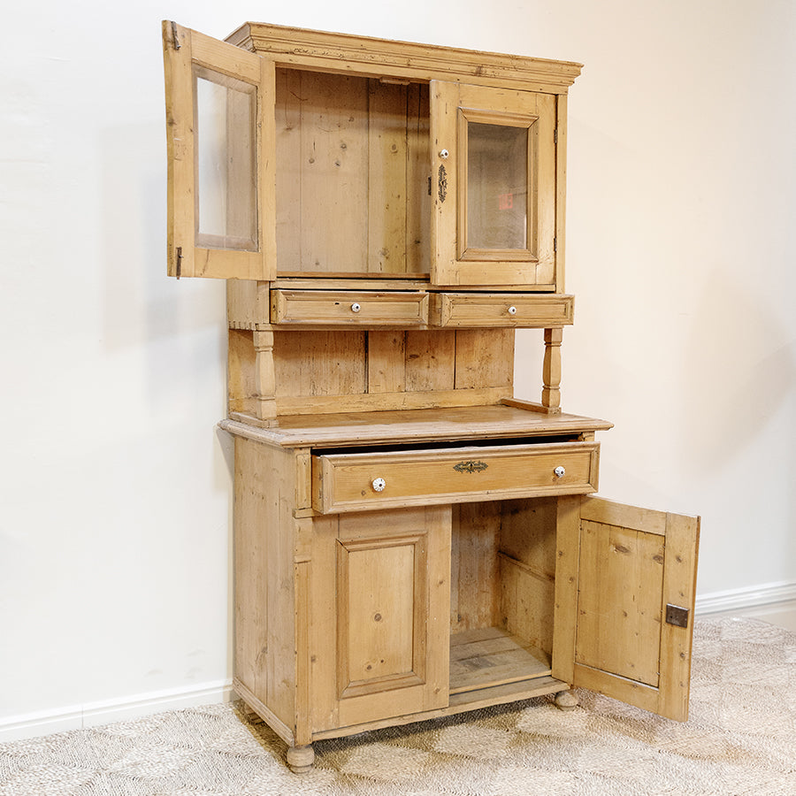 French Style Pine Kitchen Cupboard with Glass Doors