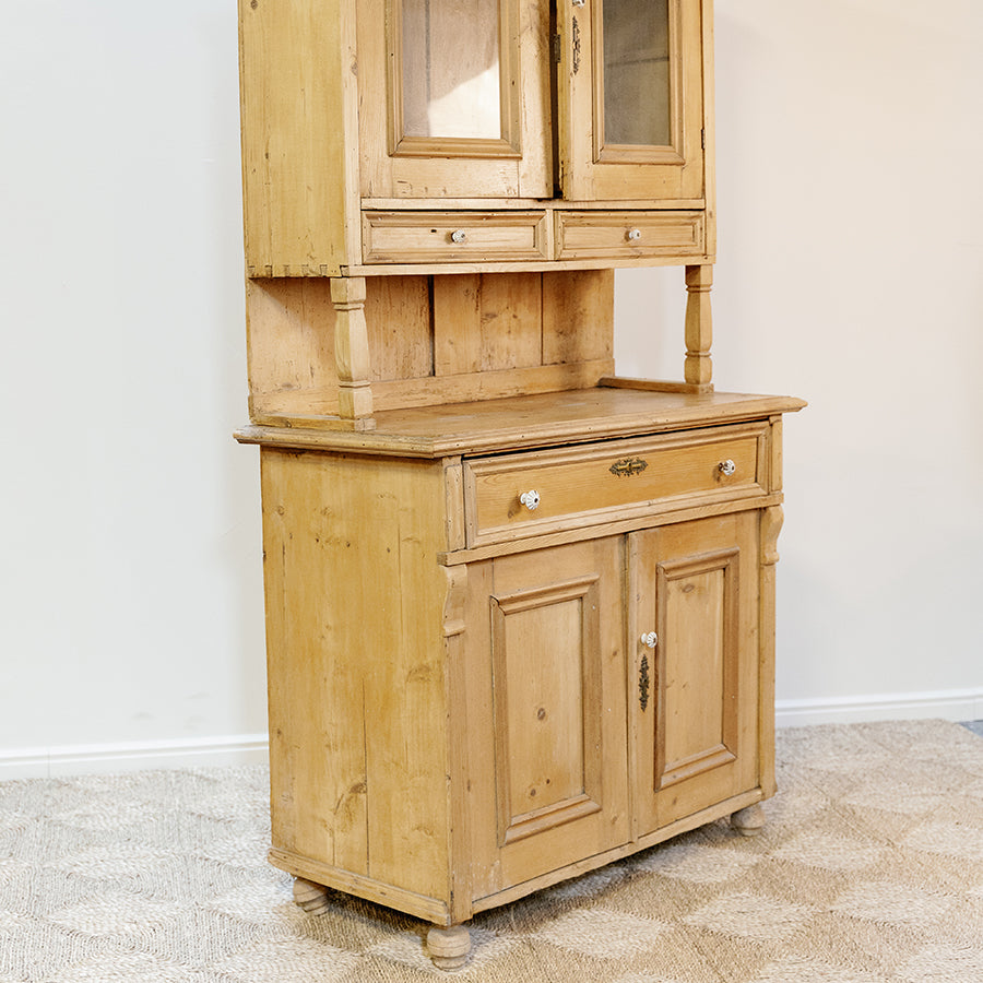 French Style Pine Kitchen Cupboard with Glass Doors