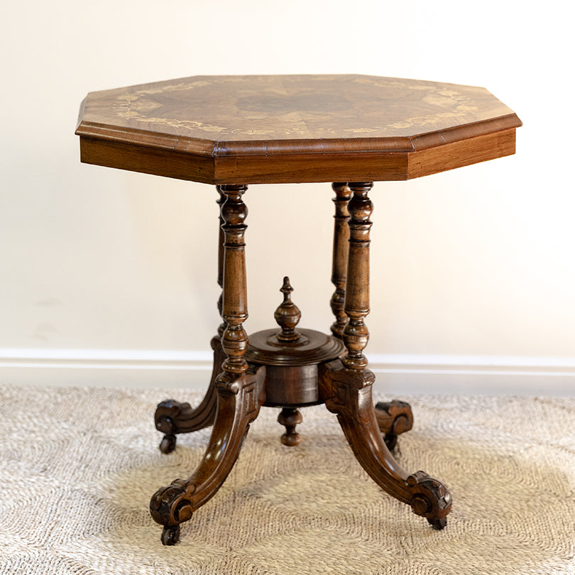 19th C Walnut Octagonal Occasional Table with Leafing Inlay
