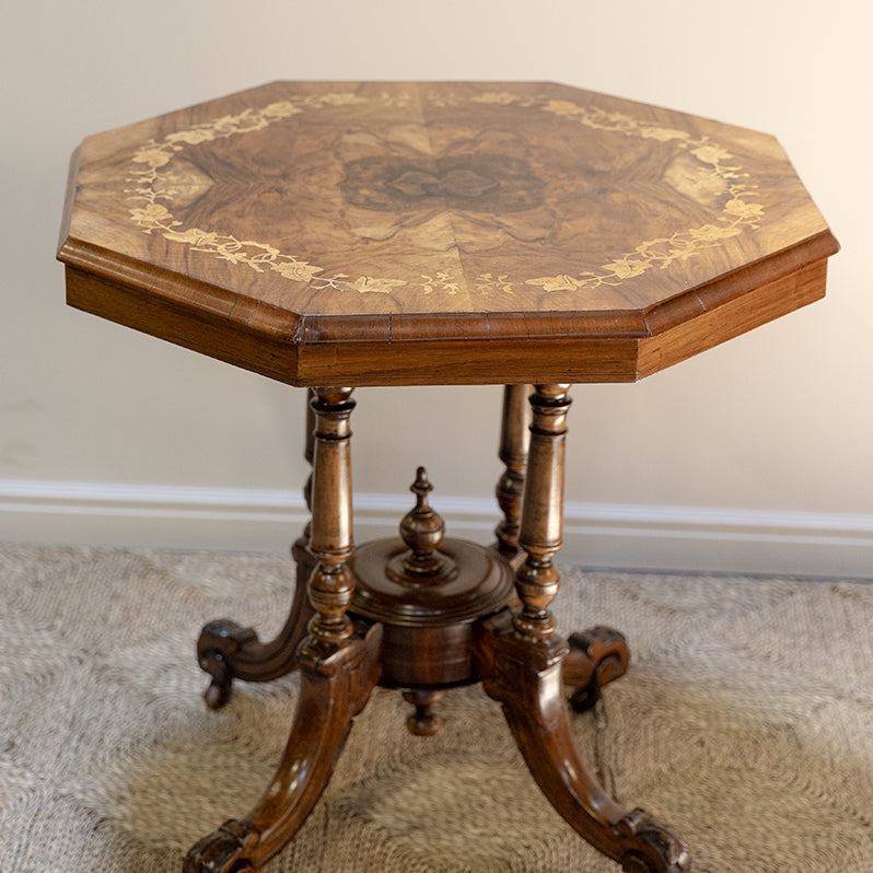 19th C Walnut Octagonal Occasional Table with Leafing Inlay