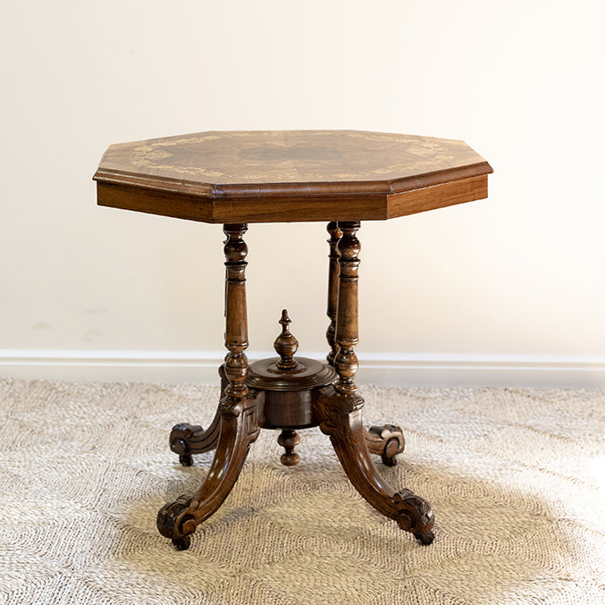 19th C Walnut Octagonal Occasional Table with Leafing Inlay