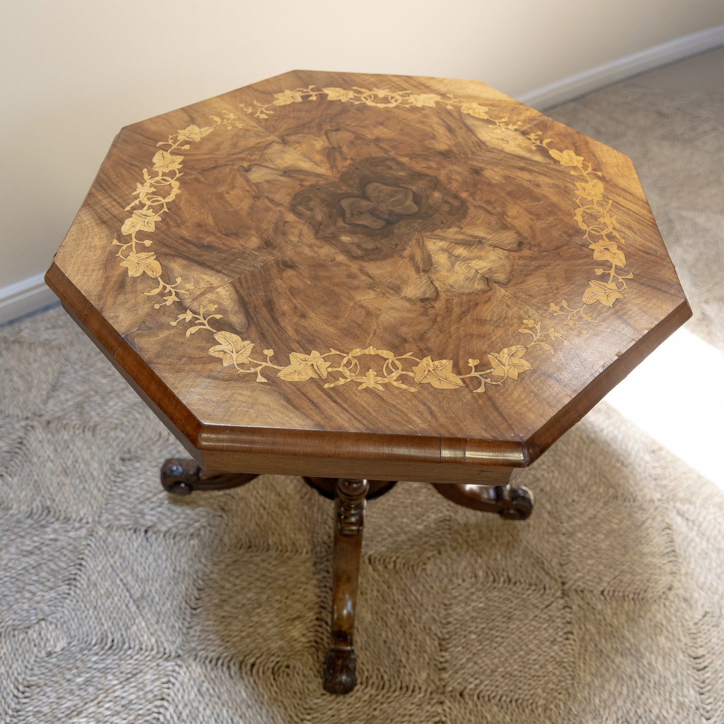 19th C Walnut Octagonal Occasional Table with Leafing Inlay