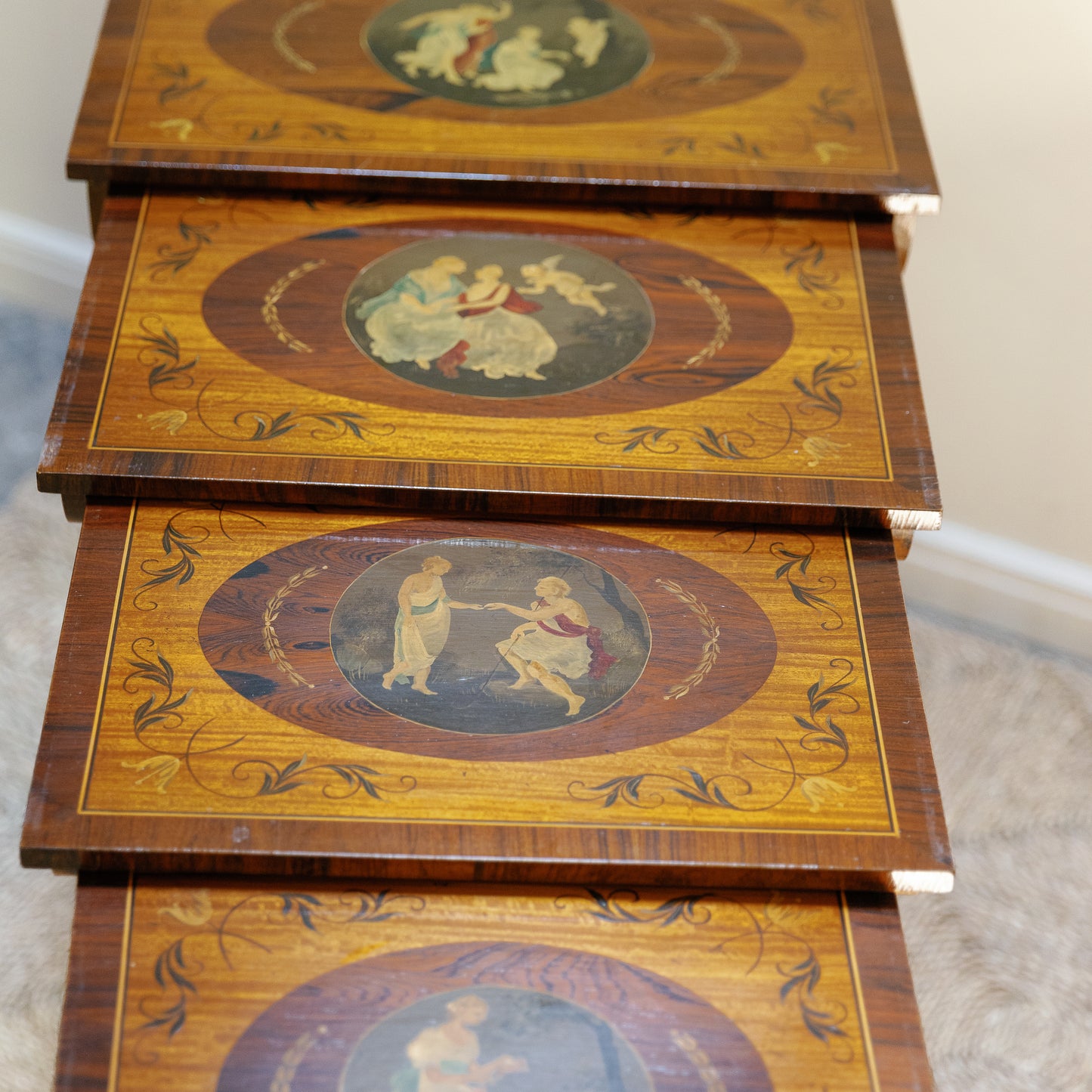 Early 20th Century 4 Handpainted Nesting Rosewood Tables