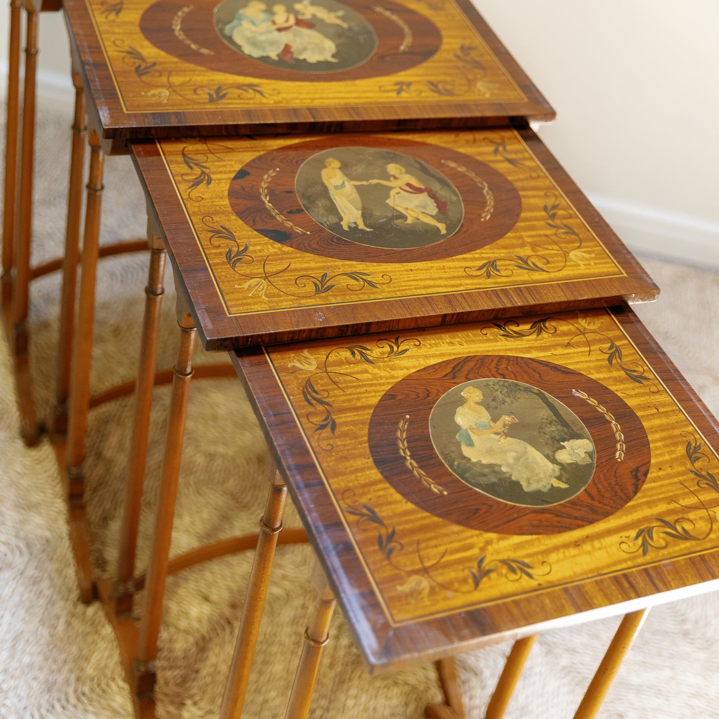 Early 20th Century 4 Handpainted Nesting Rosewood Tables