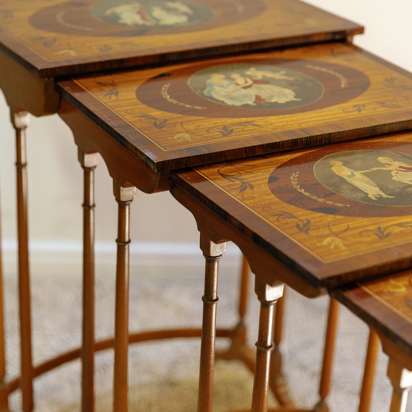 Early 20th Century 4 Handpainted Nesting Rosewood Tables