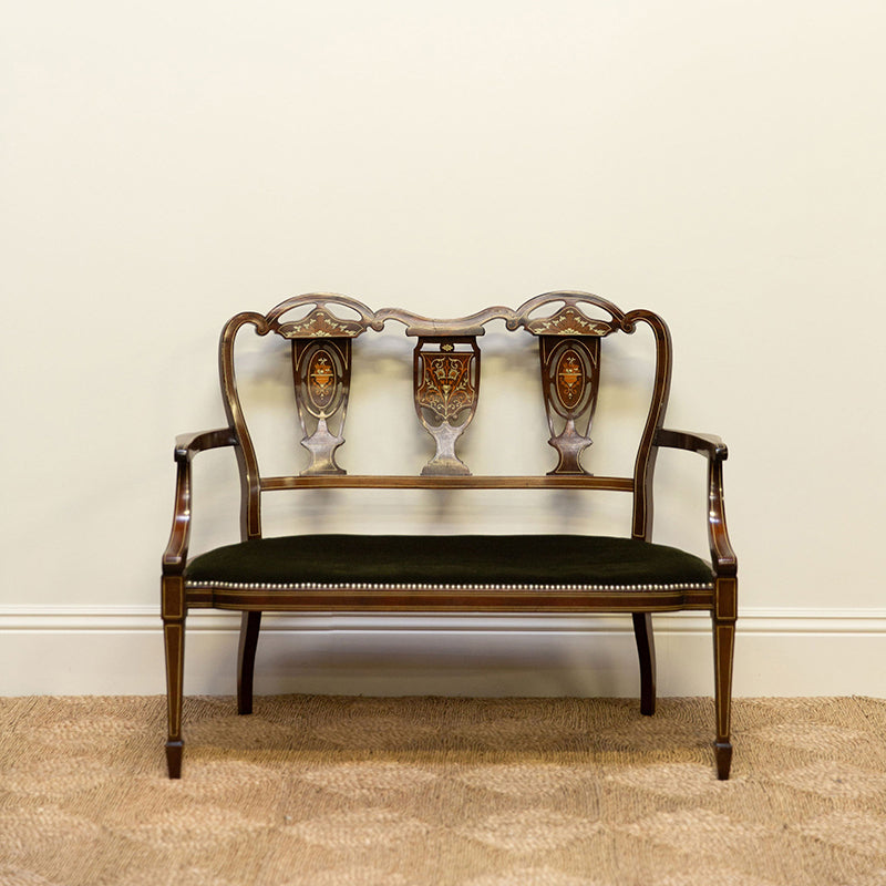 Edwardian Inlaid Velvet Bench