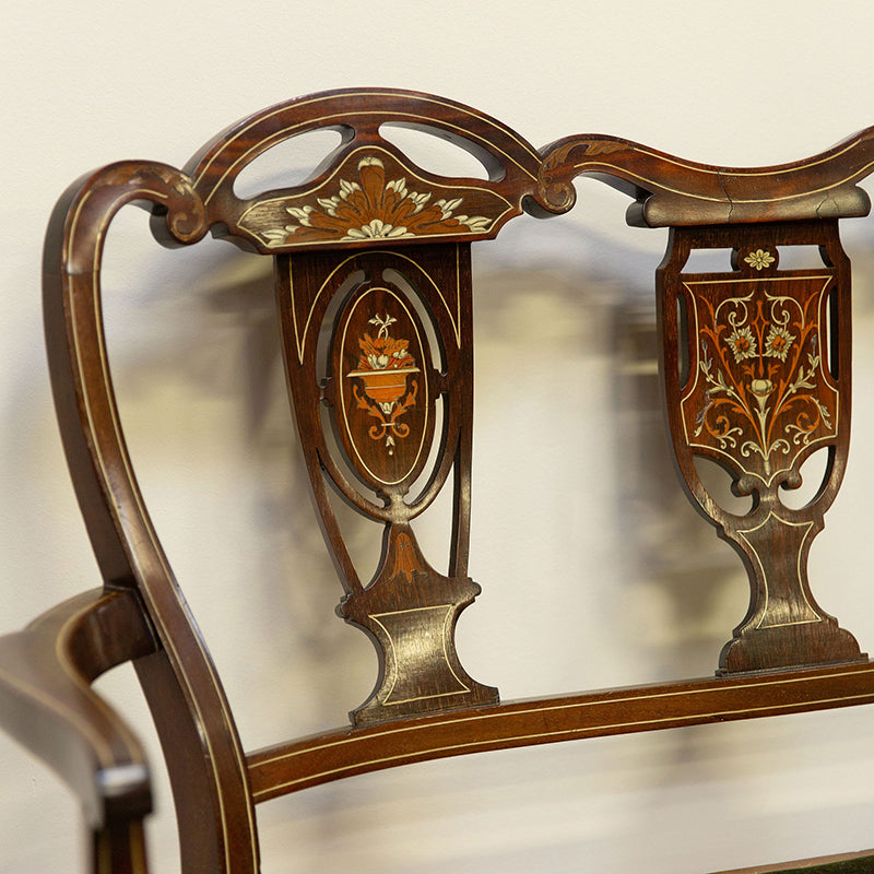 Edwardian Inlaid Velvet Bench