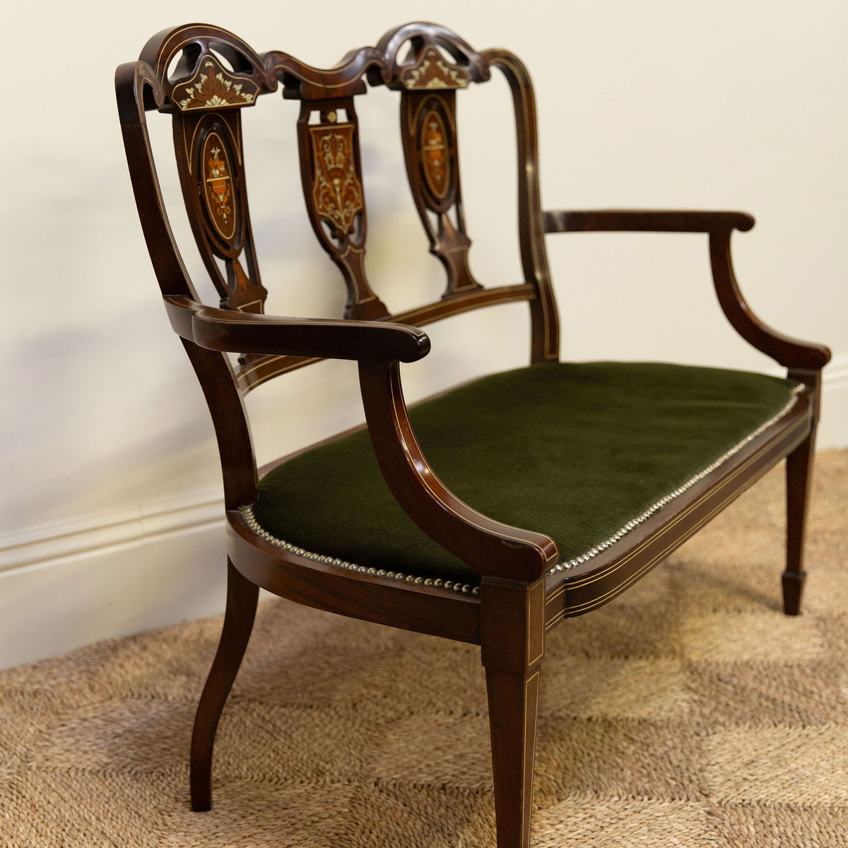 Edwardian Inlaid Velvet Bench