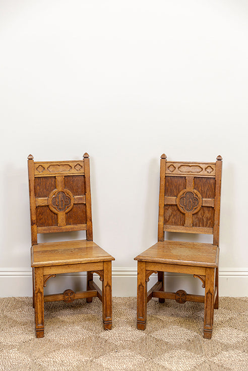 Oak Church Hall Chairs "In His Name" Latin Carved Monogram (pair)