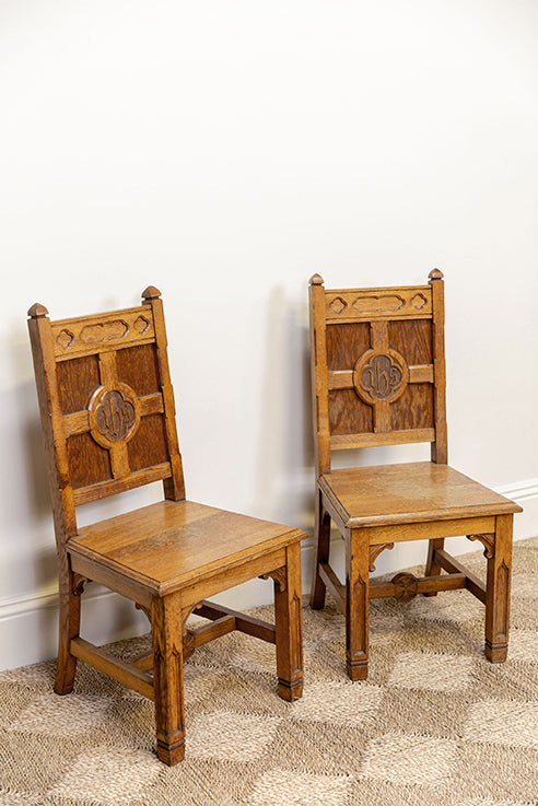 Oak Church Hall Chairs "In His Name" Latin Carved Monogram (pair)