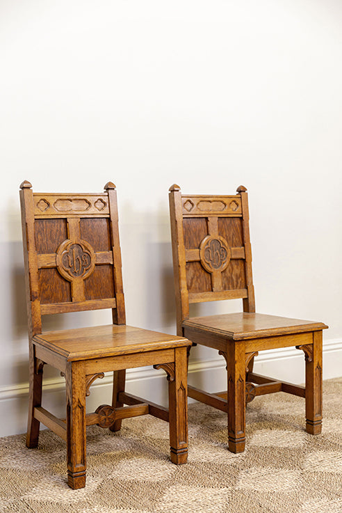 Oak Church Hall Chairs "In His Name" Latin Carved Monogram (pair)