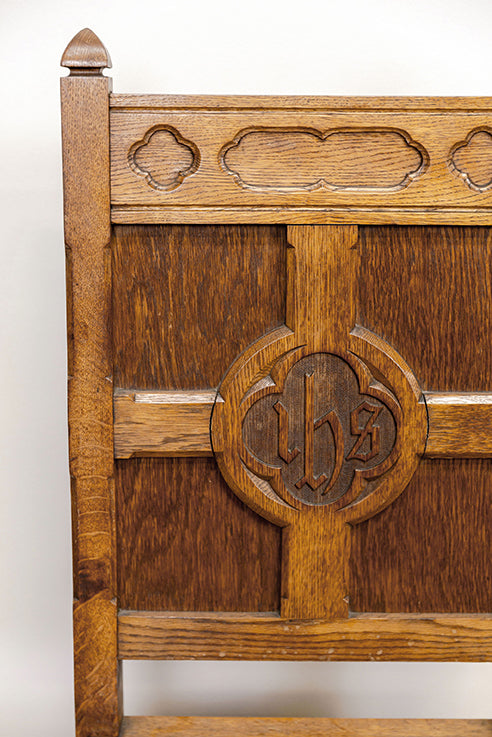 Oak Church Hall Chairs "In His Name" Latin Carved Monogram (pair)