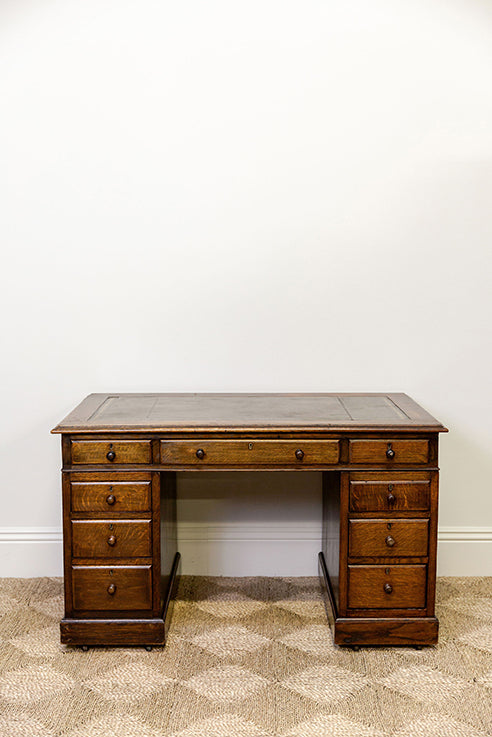 Oak Pedestal Desk with Leather Top
