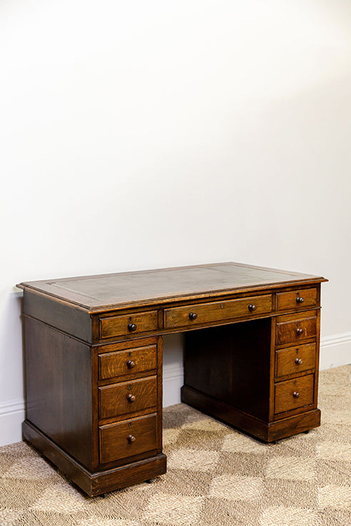 Oak Pedestal Desk with Leather Top