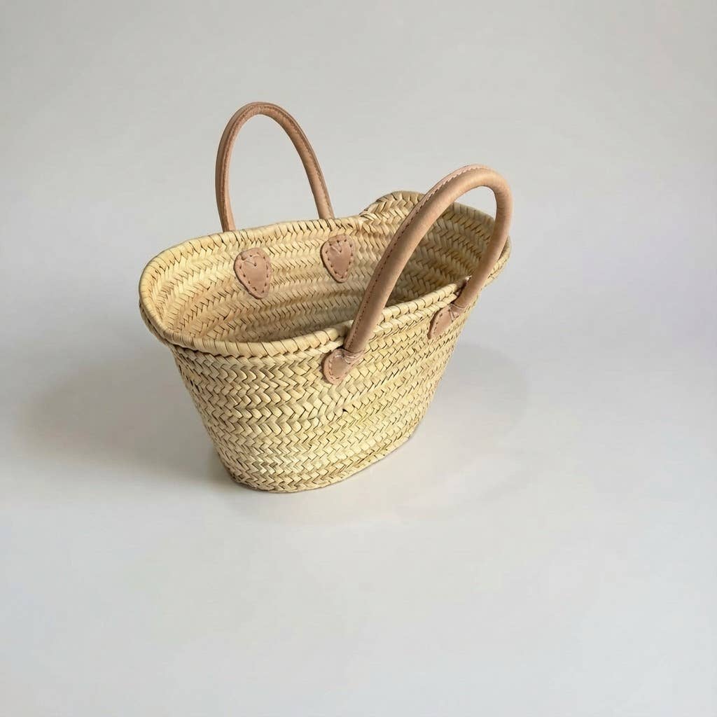 Mini French Market Basket - Woven Straw Leather Tote Bag