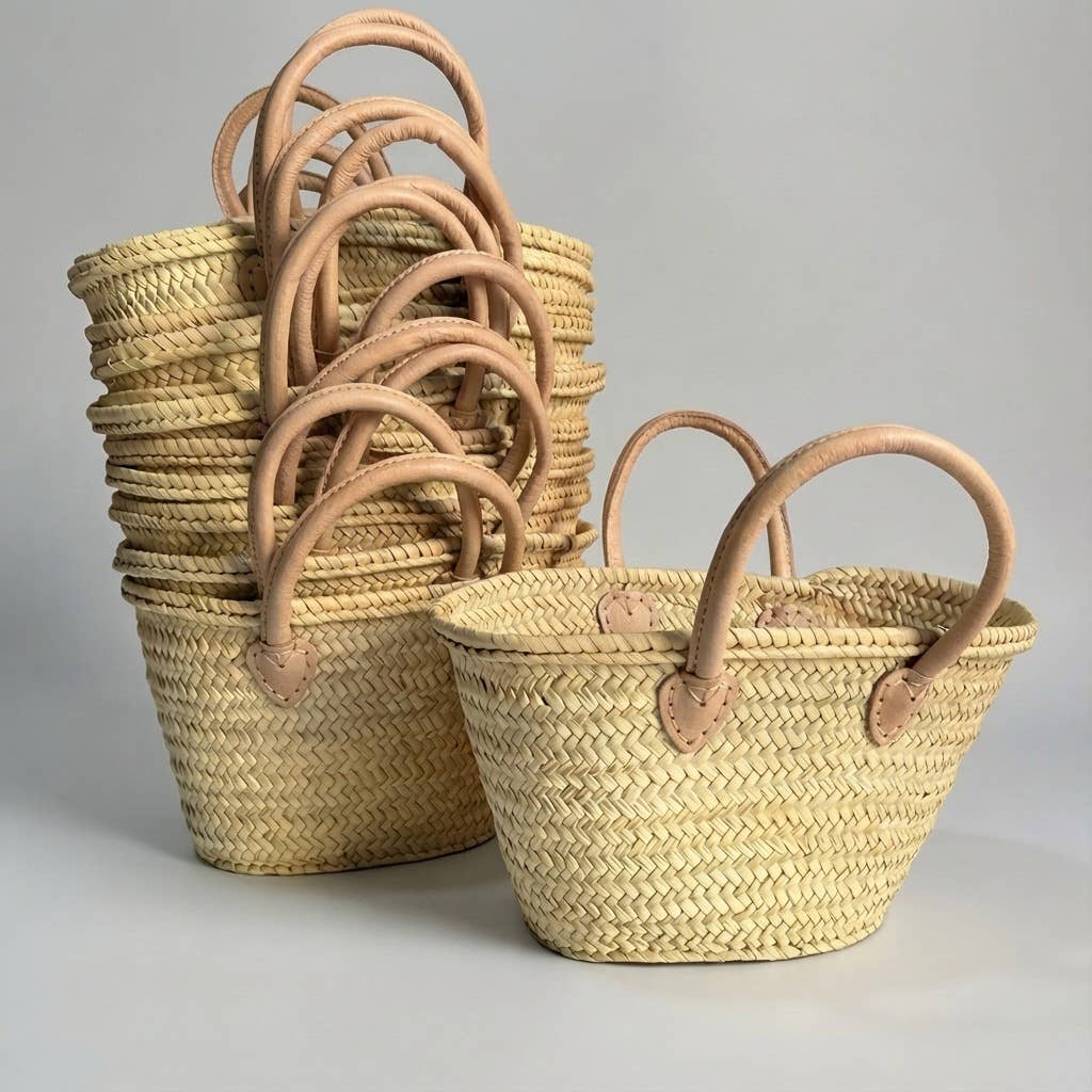 Mini French Market Basket - Woven Straw Leather Tote Bag
