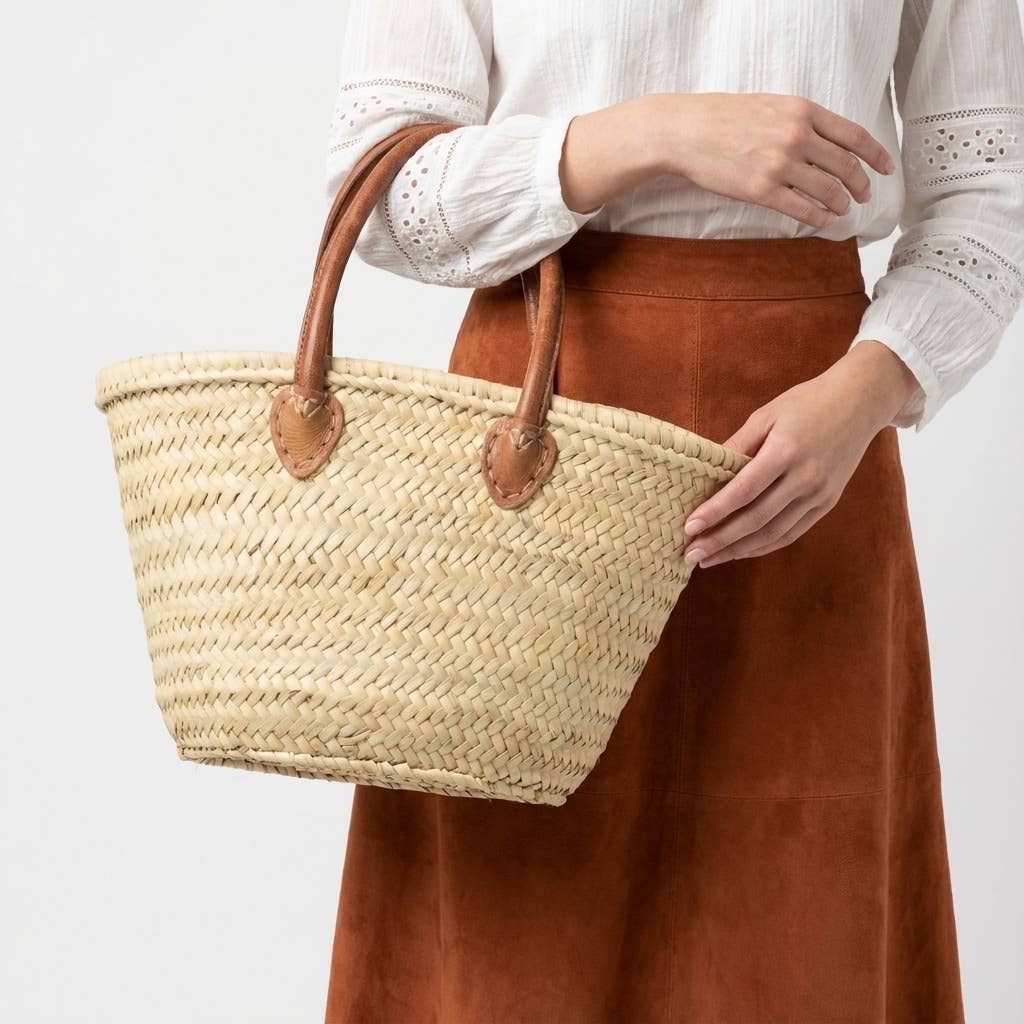 Mini French Market Basket - Woven Straw Leather Tote Bag