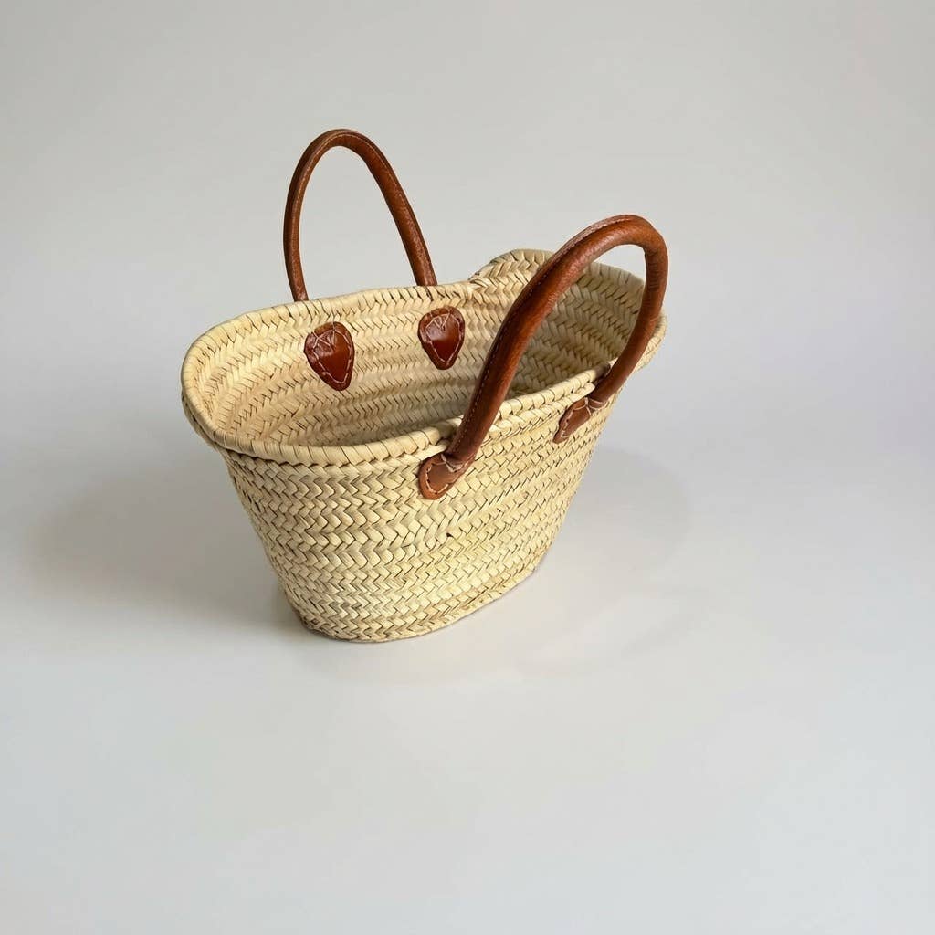 Mini French Market Basket - Woven Straw Leather Tote Bag