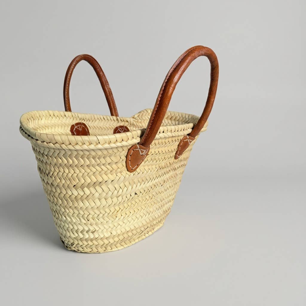 Mini French Market Basket - Woven Straw Leather Tote Bag